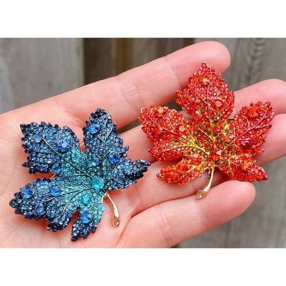 Orange Maple Leaf Brooch Maple Leaf Rhinestone Pin Harvest Brooch Pendant - Picture 5 of 6